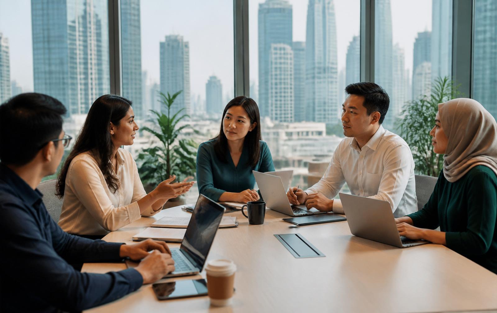 International founders and executives collaborating in a modern Da Nang meeting room