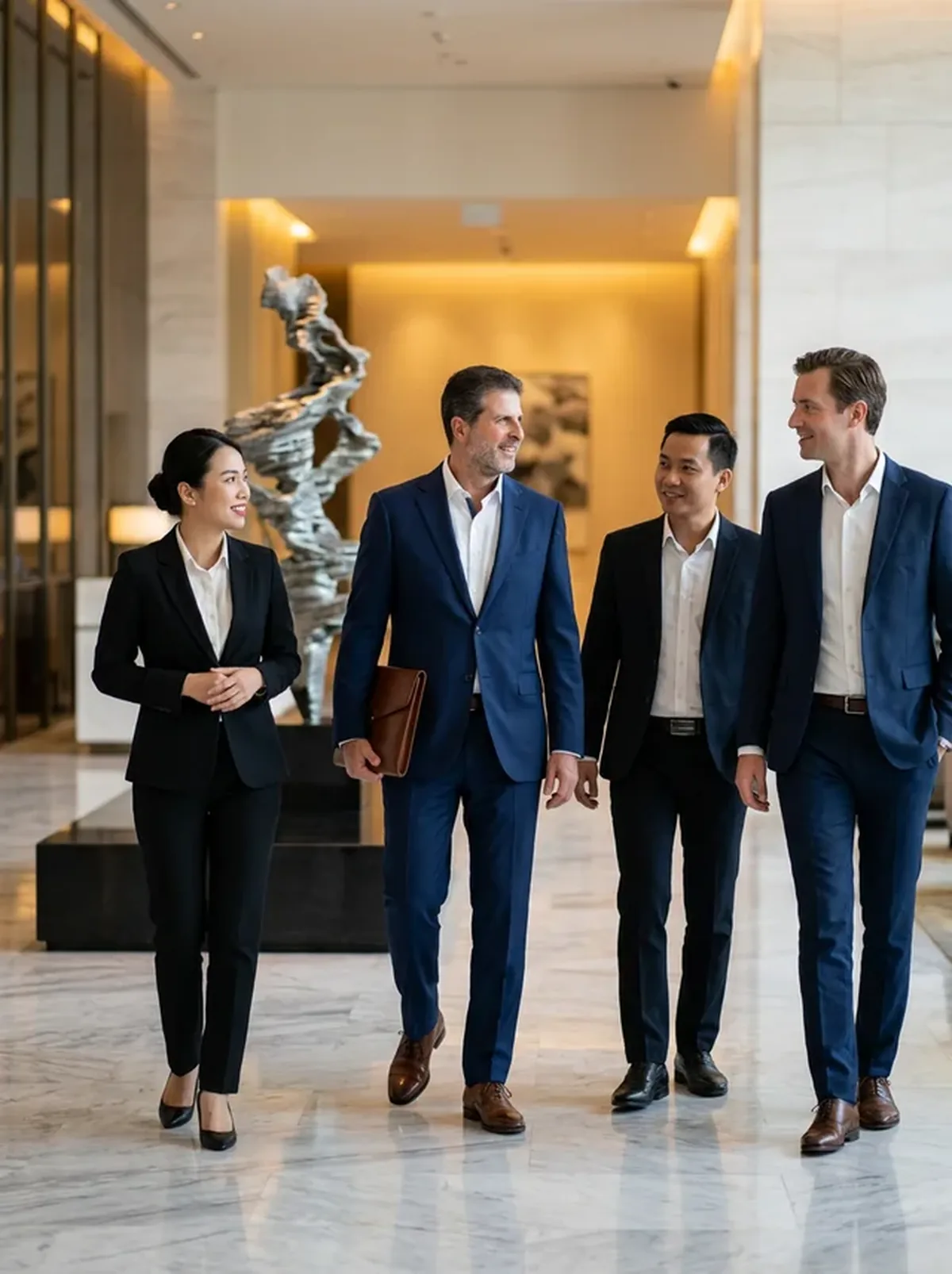 International and Vietnamese executives walking through a modern business lobby in Da Nang