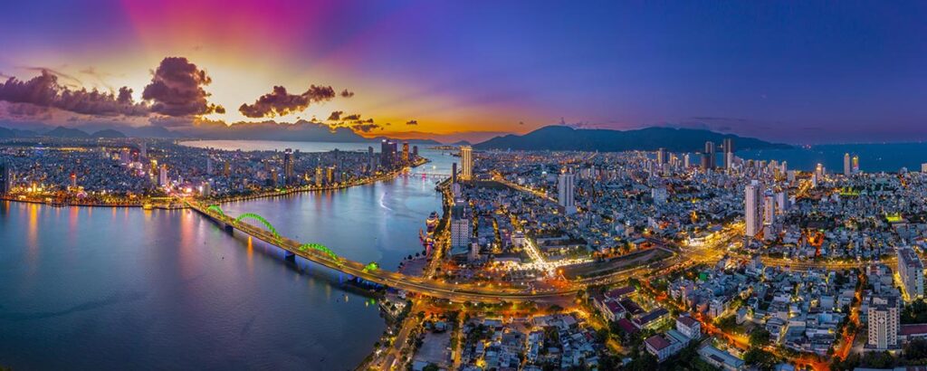 Modern Da Nang riverfront skyline seen from an elevated terrace