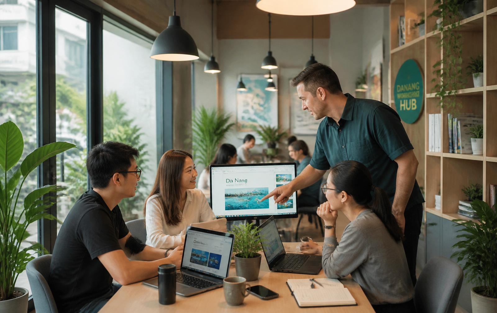 Diverse startup team collaborating in a modern Da Nang coworking space