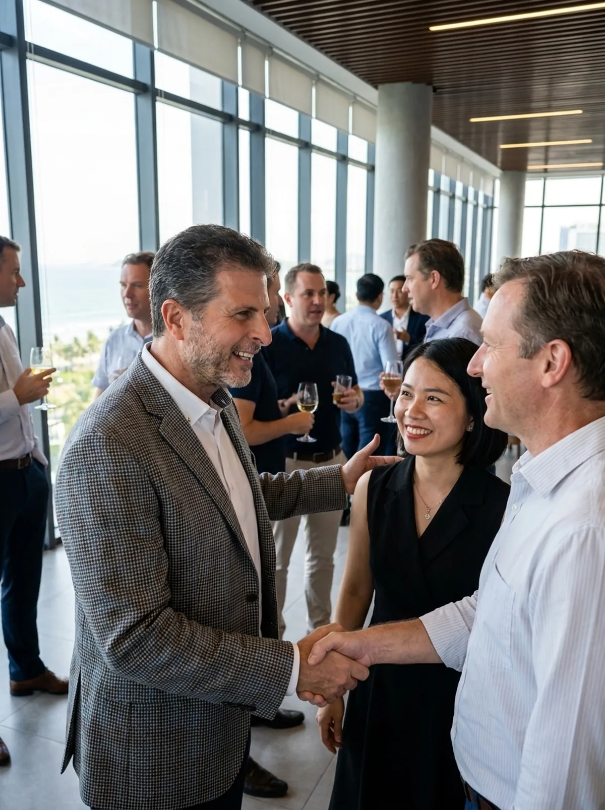 Business professionals networking and shaking hands at an innovation event in Da Nang